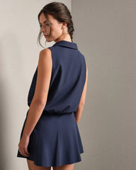 Mirage Sleeveless Notch Collar Blouse -- Navy Blue